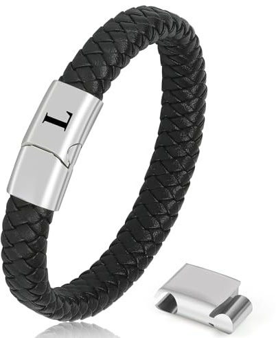 Aospkle Lederarmband Herren mit Buchstaben, Schwarzes Alphabet Lederarmband mit Verschluss, Schmuck Geschenke für Papa Ehemann Bruder Freund Sohn Opa L