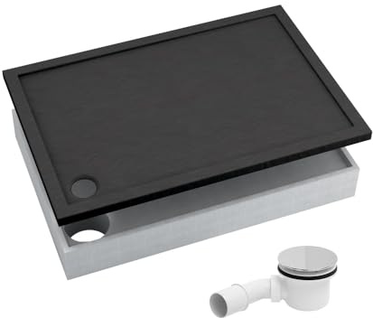 AQUABAD Duschwanne/Duschtasse | Komplettset Basic Black Stone 80x100cm Rechteck | inkl. Styroporträger und Marken-Siphon 90mm mit Chromdeckel | (Gesamthöhe inkl. Träger 16 cm) zum Befliesen