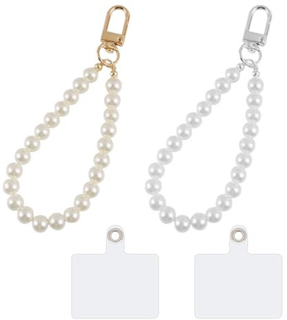 LEEQ 2pcs Handykette Universal - Handyanhänger, Handy Perlen Schlüsselband, Weiss Perlen Handschlaufe, Handygurt, Armband, Handyband, kompatibel mit jedem Handy, Smartphone und Handy Hülle