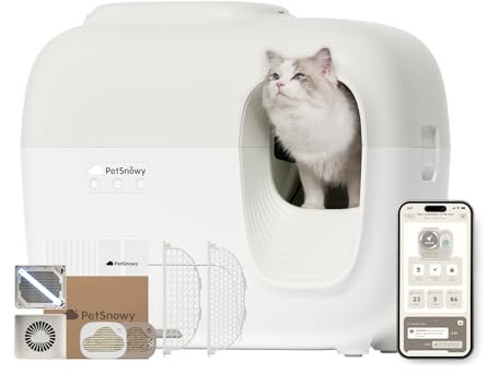 PetSnowy Self Cleaning Cat Litter Tray, Automatic Cat Litter Tray, Robot Litter Box with Odour Control TiO2 System, Auto-Packing, App Control, Large Cats & Multiple Cats Friendly(2026 Premium)