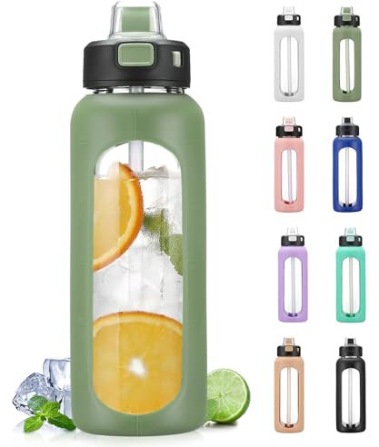 BLUEGO 700ml Glass Water Bottle with Handle and Straw Drinking Hydration Bottle with Silicone Sleeve and Time Marking Motivational Water Bottle for Gym Sports Outdoor Leak-proof,Oliver