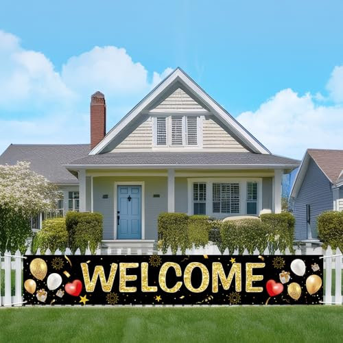 Koliphy Bannière de bienvenue - Décoration pour la maison et les événements - Convient pour réunion, fête de famille, rentrée scolaire, 180 x 30 cm - Noir doré