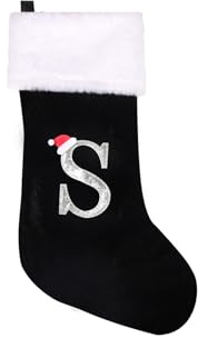 jargebur 20 Inches Initial Monogram Christmas Stocking Personalized,Deluxe Black Velvet Body with Super Soft Plush Cuff Embroidered Letter,Holiday Season Decor (Black, Letter S)