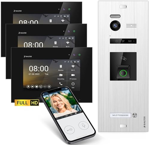 Balter EVO-HD Video Türsprechanlage mit Fingerprint, Video Türklingel, Smartphone App,1 Familienhaus, 3X 7 Zoll Monitore, Türklingel mit Kamera Full HD, 2 Draht Bus, 175° Weitwinkel, RFID,1080P