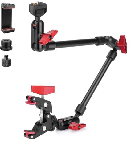JEBUTU 22 Braccio Magico con Super Clamp, Supporto Flessibile per Fotocamera, Supporto per Telefono, Braccio Articolato con Filettatura da 1/4 per Smartphone, Action Camera, Microfono - nero rosso