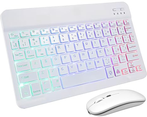 Uonlytech Set Tastiera e Mouse Wireless per Tablet e Telefono 10 Pollici | Connessione Multi-dispositivo, Plastico Bianco, 1 Confezione, Uso Casa e Ufficio, Design Elegante