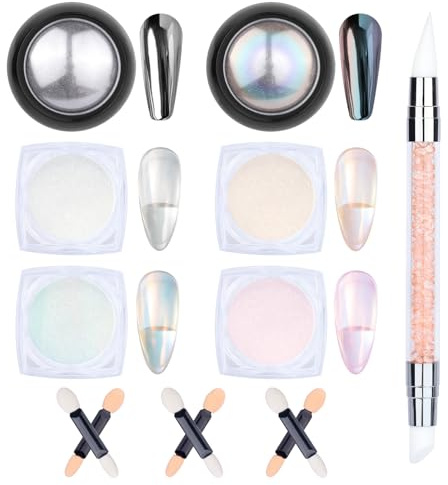 Chrome Nail Powder Weiß Silber Charms Nail Art 6 Stück Nails Charms Crome Pulver Nägel Set Chrome Nagellack Nailart Metallisches Nagelpuder für Frauen DIY Salon Nagelstudios zum Selbermachen