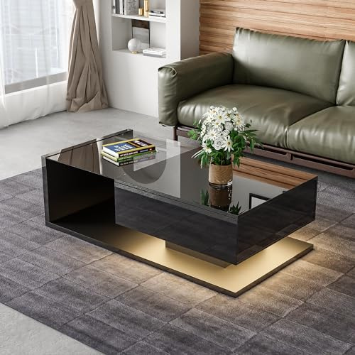 BTM Blakc Coffee Table with Storage, High Gloss Coffee Table with Drawer, Tempered Glass and LED Light