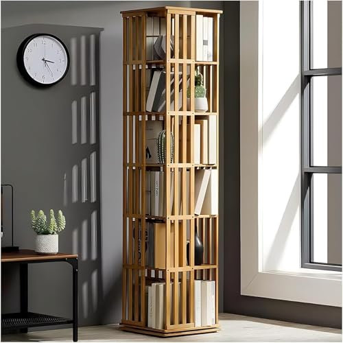 Aufbewahrungsregal aus Bambus, 6 Etagen, 360° drehbar, für Büro und Bibliothek, kompaktes Bücherregal mit offenem Regal, Eckregal, bodenstehend, Bücherregal, helle Farbe
