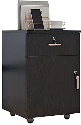 Aktenschrank aus Holz mit abschließbaren mobilen Schließfächern und rollbarem Druckerständer für Home Office