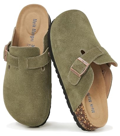 Meik Mangni Wildleder Clogs für Damen Herren Komfort Kartoffel Schuhe mit Arch Support Frauen aus Leder rutschfest Pantoletten mit Weiches Kork Fußbett,Gr.36-47 EU