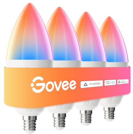 Govee E12 Led Bulb, Smart Light Bulbs for Chandelier/Living Room, Color Changing Candelabra Bulbs Work with Matter, Alexa, Google Assistant, 40 Watt Equivalent, 450 LM, 80 CRI, 2.4Ghz Only, 4 Pack