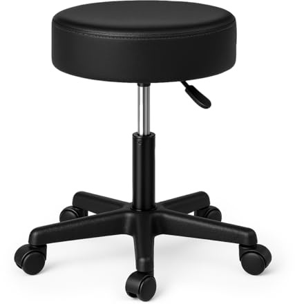 Sgabello da lavoro con ruote girevole a 360 gradi, altezza seduta regolabile da 44 a 58, seduta confortevole spessore 9 cm, per terapista, parrucchiere, istituto estetico, nero