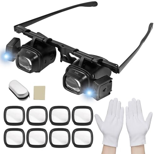 Lupenbrille mit LED-Licht,Lupenbrille 2.0X，6.0X，8.0X，12.0X，24.0X,Kopflupe Lesebrille mit licht,Geeignet für Juweliere, Nähen, Basteln, Lesen, Hobbys, Uhrmacherlupe