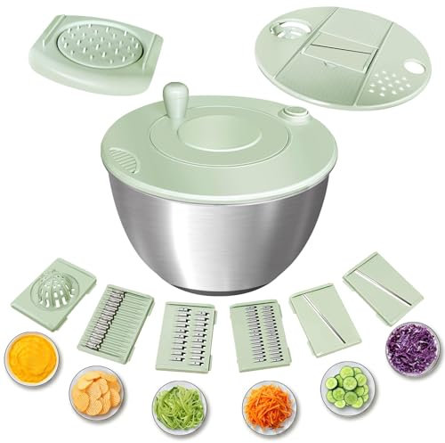 Souvik Centrifugadora de Lechuga 5L en Acero Inoxidable – Escurridor de Ensalada Grande con Tapa, Base Antideslizante, 6 Accesorios, Apta para Lavavajillas, Lavar y Escurrir Las Ensaladas