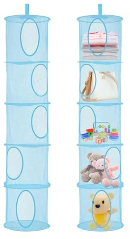 Zyluniy 2 Piezas Organizador Colgante, 5 Niveles Bolsas de Almacenamiento de Red Colgante, Redes Colgantes de Malla para Almacenar, Red de Almacenamiento Colgantes para Juguetes, Ropa Pequeña (Azul)