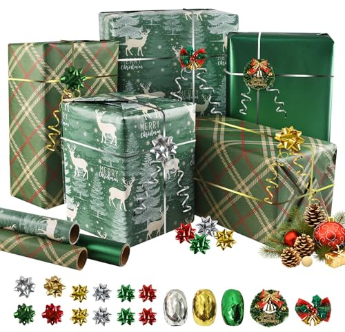 ALANGDUO Geschenkpapier Weihnachten Rolle, 3 Rollen 300 x 43 cm Weihnachtsgeschenkpapier, Weihnachtspapier Geschenkpapier Grün, Geschenkverpackung für Heiligabend Weihnachtsgeschenke