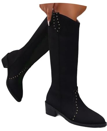 PAIDAXING Botas vaqueras para mujer, botas altas hasta la rodilla, punta puntiaguda, tacón bajo y grueso, botas de equitación para mujer, botas de equitación para otoño e invierno, botas de piel