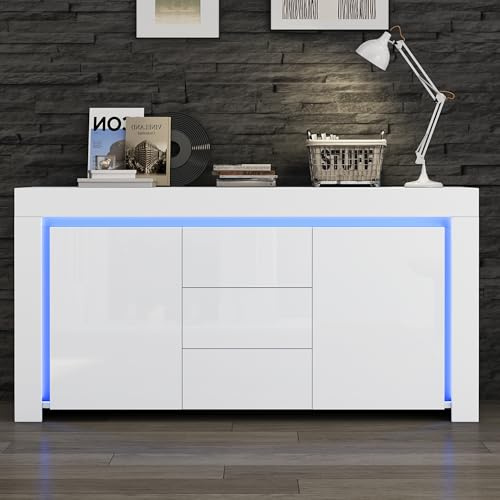 FammyLoft Hochglanz Sideboard Wohnzimmer mit 3 Schubladen und 2 Türen, Buffetschrank mit LED-Lichtleiste, 140×40×65cm, Modern Wohnzimmerschrank für Schlafzimmer, Büros, Flur, Weiß