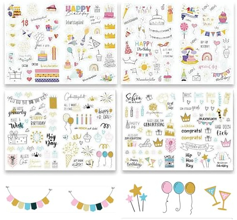 RhiVrillion Sticker Geburtstag Set, Selbstklebende Aufkleber Geburtstag, Birthday Stickers für DIY Geburtstagskarten Geschenke Gästebuch Fotoalbum Scrapbook, Party-Deko für Erwachsene & Kinder