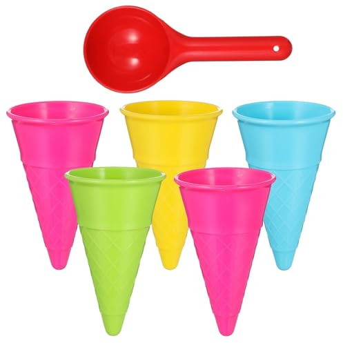 WHAMVOX Lot de 6 Set de Jouets de Plage en Plastique Comprenant 5 Cornets de Glace Colorés et 1 Cuillère, de Sable pour Garçon et Filles pour Jeux Extérieurs et Couleur Aléatoire
