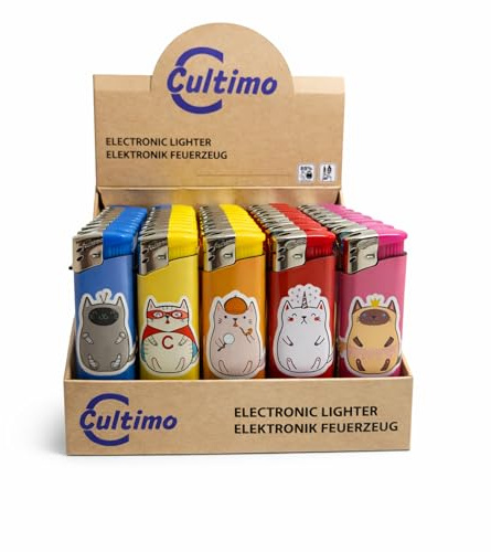 Cultimo 50 Stück Elektronik Feuerzeuge mit Motive, Nachfüllbar & Kindergesichert | Feuerzeug Lighter elektronische, Gas befüllt (Comic Cats)