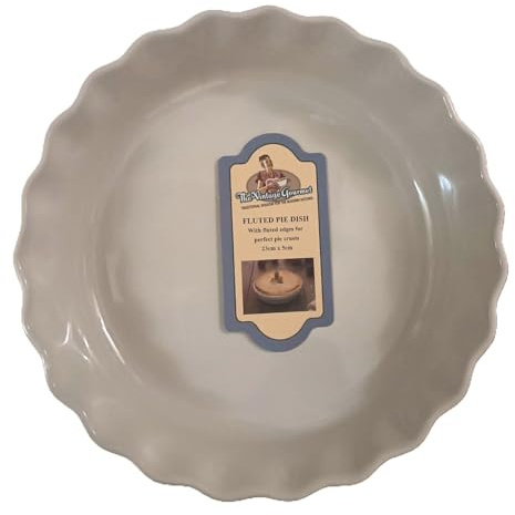 Vintage Gourmet Classic Stoneware Glazed Round Deep Ceramic Pie Dish, White Fluted Edges for Making Perfect Pies Serve Oven to Table 20cm or 26cm Diameter by 5cm Depth Oven-Safe up to 250°C (23 cm)