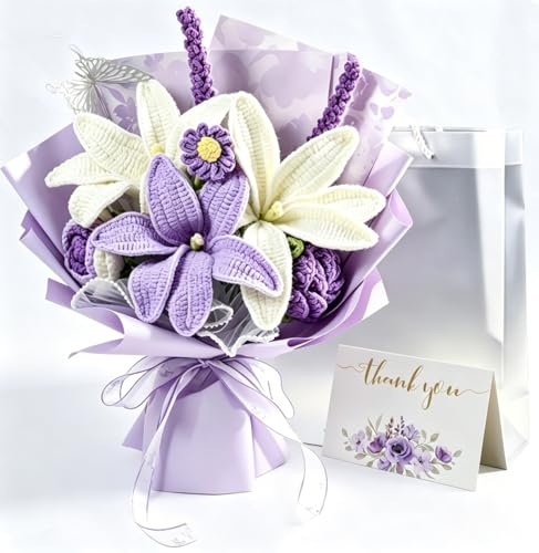 Handmade Crochet Flower Bouquet - Knitted Lily with Butterfly & Gift Bag | Sturdy Standing Base Artificial Floral Arrangement,Unique Mother's Day, Birthday Gift for Her