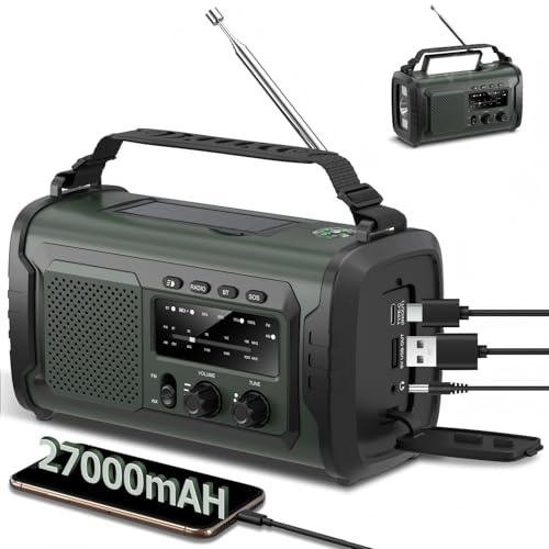 Radio de Secours 27000mAh à Manivelle et Solaire, AM/FM Emergency Radio avec Alarme SOS, Haut-Parleur Bluetooth, Batterie Externe et Lampe LED, pour Urgence, Camping et Maison (Vert 27000mAh)