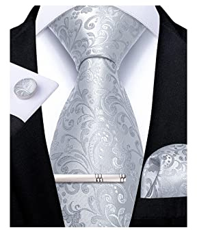 DiBanGu Män slips silke paisley blommig slips och ficka fyrkantiga manschettknappar slipsklämma set klassiska formella slipsar för bröllopsfest, 03 Vit Silver, 150