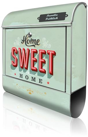 banjado Design Briefkasten personalisiert 38,5x46,5x13cm & 2 Schlüssel - Briefkasten Stahl Silber Zeitungsfach pulverbeschichtet - Postkasten A4 Einwurf inkl. Montagematerial - Motiv Home Sweet Home
