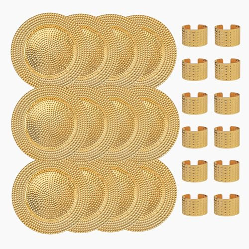 Home Collectives 13 Inch Round Elegant Serve ware Charger Plates with Matching Napkin Rings, Wedding, Dinner party, Event - Choose from our Variety of Styles and Quantities (12, Hammered Gold)
