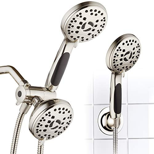 AquaSpa High Pressure 48-Mode Luxury 3-Way Combo – Dual Rain & Handheld Shower Head – Extra Long 6 Foot Stainless Steel Hose – Anti Slip Grip – Brushed Nickel – Top US Brand – Extra Wall Bracket