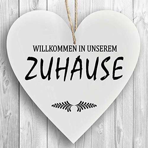 Herzschild Holzherz Holzschild 16 x 16 cm Willkommen in unserem Zuhause weiß Dekoschild Wandschild Schild Holz Zuhause Haus Einweihung Wohnung
