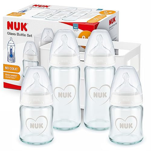 NUK First Choice+ Glass Baby Bottles Starter Set - 0-6 Months - Orthodontic Silicone Teat - 4 x Anti Colic Bottles & Bottle Crate - BPA-Free - 5 Count