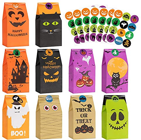 Sacchetti di dolcetti di Halloween Bomboniere per feste - 80 sacchetti di caramelle di Halloween per bambini per dolcetto o scherzetto + 84 adesivi di Halloween, sacchetti di caramelle di Halloween