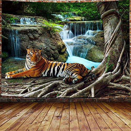 Tiger-Wandteppich, Tier-Wandbehang, tropischer Regenwald, Wasserfall, Landschaft, Wandteppich, Boho-Dekor, für Wohnzimmer, Schlafsaal, Schlafzimmer, Zuhause (179,8 x 229,9 cm)