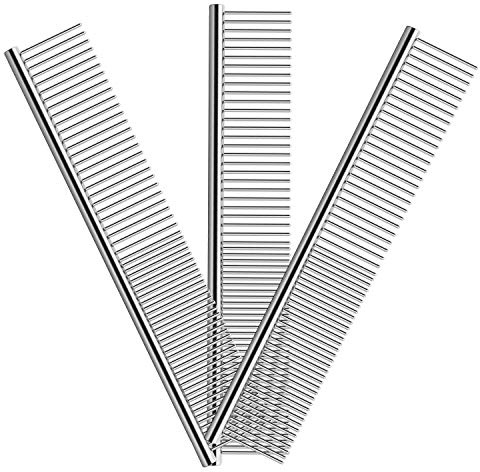 Elfirly 3 Pack Dog Combs for Grooming Matting, Metal Cat Comb with Round Ends, Stainless Steel Pet Grooming Comb for Removing Tangles and Knots for Long and Short Haired Dog (7.4 inches)