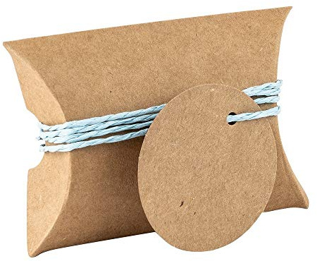 Ideen mit Herz Kraftpapier-Kissentaschen | 50 Stück | 6,5 x 9 cm | 230g/m² | inkl. Anhänger & Bänder | kleine Geschenkschachteln, Geschenkboxen | ideal für Gastgeschenke (hellblaue Papierkordel)