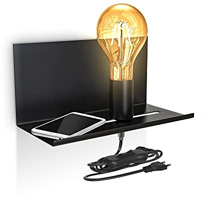 B.K.Licht, Lampada da parete con mensola, Interruttore sul cavo di alimentazione, attacco per lampadina E27 non inclusa, Applique retrò per camera, Lampada da muro con 1 punto luce, Nero opaco