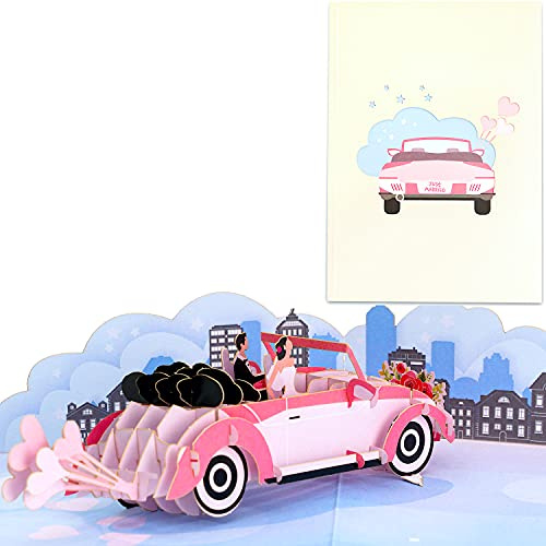 Liebessa handgemachte 3D Pop-Up Hochzeitskarte mit Hochzeitsauto – Glückwunsch-, Einladungs- und Geschenkkarte zur Hochzeit, Verlobung, Standesamt & Flitterwochen.