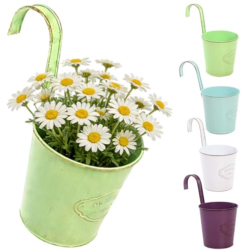 CITÉTOILE 4 Pcs Pot de Fleurs Suspendu Métal avec Trou de Drainage,Pot de Fleur Métal Coloré avec Crochet Amovible, Style Vintage pour Décotation Balcon Jardin Mural Clôture Modèl-02