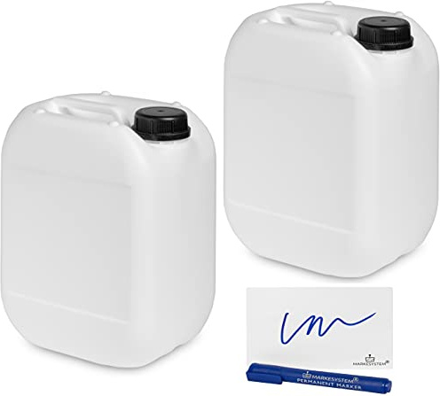 MARKESYSTEM - Tanica in plastica HPDE (10 litri) confezione da 2 unità + kit etichettatura - Filettatura bocca larga - Omologata ADR - Impilabile per uso alimentare - Serbatoio liquidi e chimici