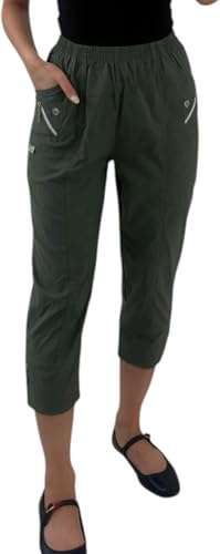 Crazy Fashion Ladies Capri Pantaloni a Tre Quarti Morbidi a 3/4 da Donna Pullover Corto Elasticizzato Pantaloncini in Vita Elasticizzati Plus Size Pantaloni Estivi da donnaEUR (Khaki, 22)