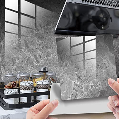 HORIWE Marble Tile Stickers for Kitchen Bathroom Backsplash PVC Waterproof Oil Proof DIY Self Adhesive New Wall Stickers Home Decor 4x4 Inches 20pc (Grey Marble Pattern 2, 10x10cm(4x4))