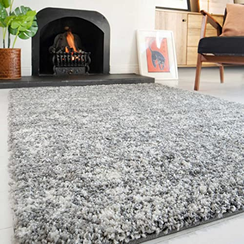 Plush Shaggy Rugs Silver Grey Soft Mottled Thick Pile Large Small Cream Lounge Living Room Bedroom Area Rug 121cm x 171cm