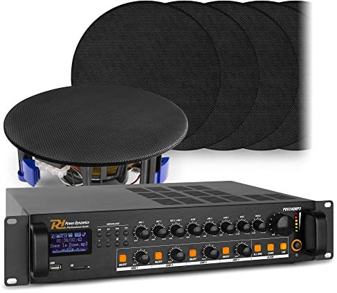 Power Dynamics PDV240MP3 Verstärker + 24 Schwarze NCSP6 Deckenlautsprecher Niedrigprofil- 4 Zonen Deckenlautsprechersystem 100m Lautsprecherkabel, Audiosystem für Musik und Hintergrundbeschallung