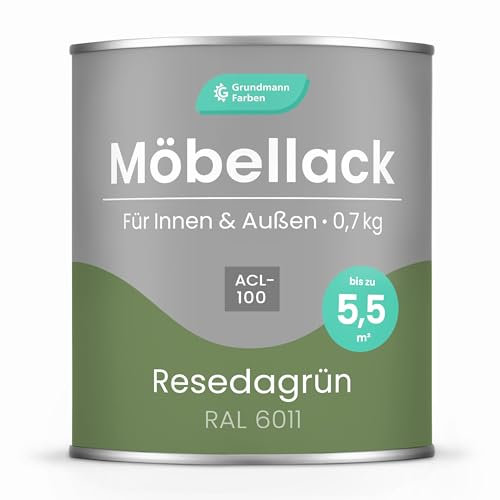 Grundmann Möbellack ACL 100 - Grün 0,7 Kg - Lösemittelfrei & Geruchsarm - 4in1 Möbelfarbe inkl. Grundierung - Innen und Außen - Für Holz, Metall & Kunststoff - RAL 6011 Resedagrün