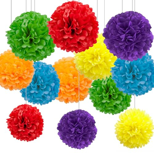 CC wonderland zone 12 Stück Seidenpapier Pompons Bunt,Seidenpompons Mehrfarbig Papier Pompons für Faschingsdeko,Karnevalsdeko,Regenbogen Party Deko