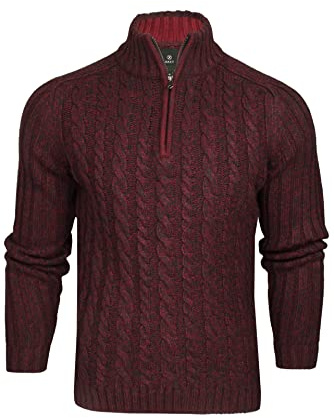 Xact Men’s Quarter Zip Cable Knit Jumper, Chunky Funnel Neck 1/4 Zip Pullover, Regular Fit Warm Smart Casual Knitwear (Navy/Burgundy Twist) XL